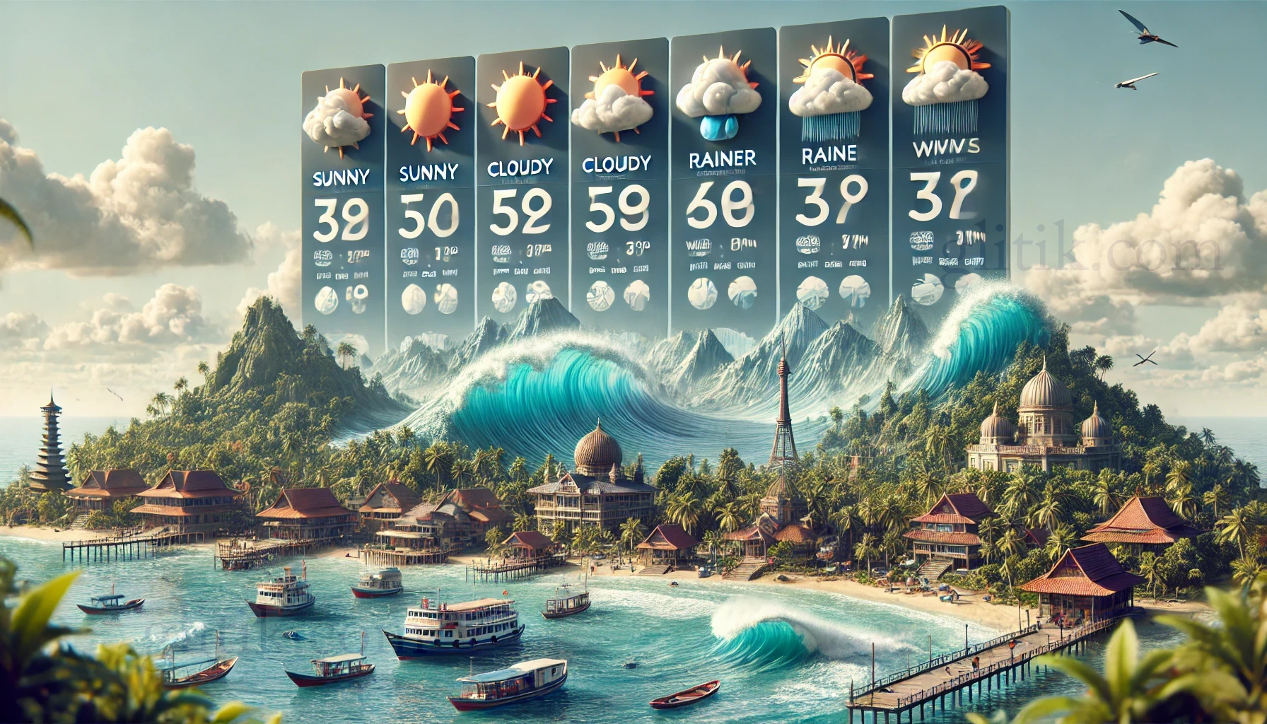 Prakiraan cuaca 8 Maret 2025, di berbagai destinasi wisata populer di Sumatera Barat, Indonesia, serta spot surfing di Kepulauan Mentawai dan Pulau Bali
