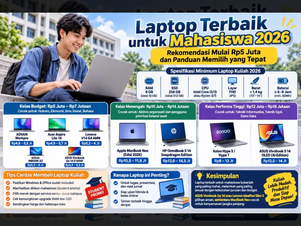 Laptop Terbaik untuk Mahasiswa 2026: Rekomendasi Mulai Rp5 Juta dan Panduan Memilih yang Tepat